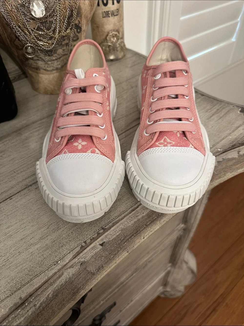 LV Pink Monogram Canvas Low-Top Sneakers - Picture 2 of 6